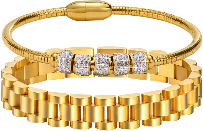 MPRAINBOW 2pcs 18K Gold Plated Chain Link Bracelet, Stainless Steel Crystal Friendship Bracelets Bangle,Watch Band Chains Wristband Jewelry with Adjust Tool - Image 1